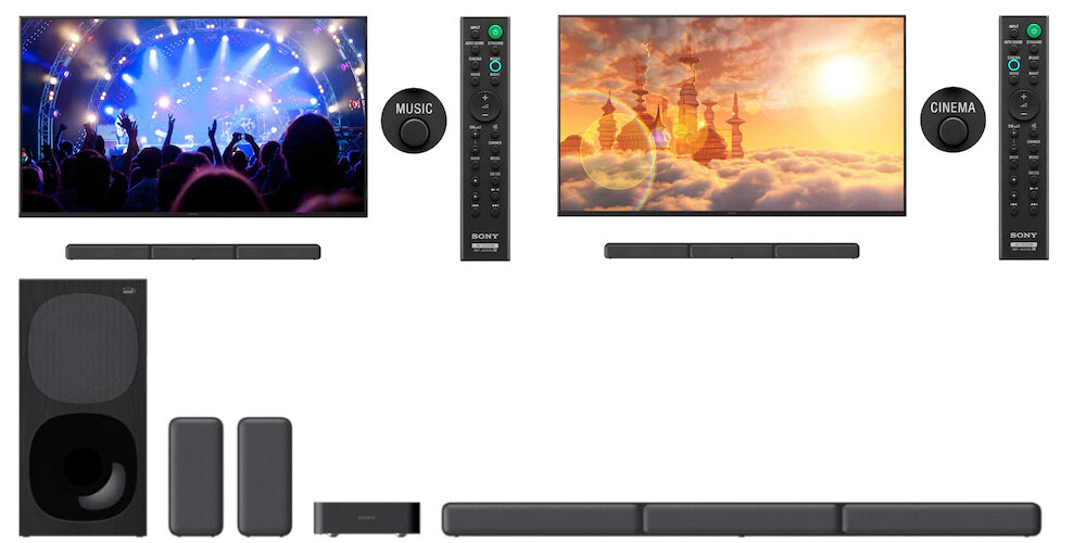 Na obrazie widoczne są dwa telewizory, dwa piloty z przyciskami i napisem \'SONY\', soundbar, subwoofer oraz dwa głośniki. Telewizory pokazują różne sceny: koncert i krajobraz z wieżami w chmurach.
