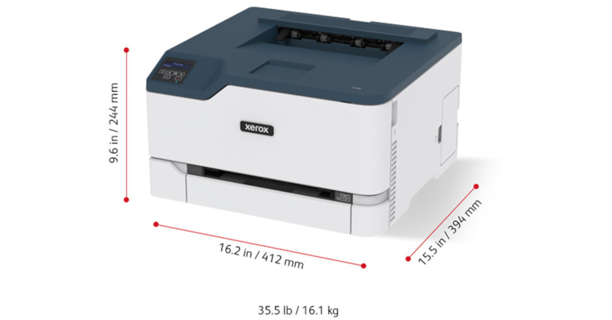 Drukarka o białej obudowie z ciemnym panelem górnym, z widocznym logo \'XEROX\'. Wymiary urządzenia to 9.6 in / 244 mm wysokości, 16.2 in / 412 mm szerokości i 15.5 in / 394 mm głębokości, a waga wynosi 35.5 lb / 16.1 kg.