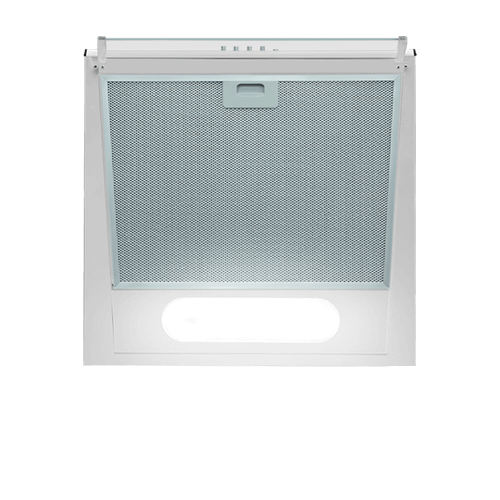 Na obrazie widoczny jest okap kuchenny w kolorze inox z elementami szkła. Posiada prostokątną kratkę wentylacyjną i panel sterujący na górze.