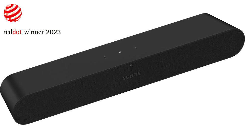 Czarny soundbar z napisem \'SONOS\' na przedniej części. W lewym górnym rogu znajduje się logo \'reddot winner 2023\'.