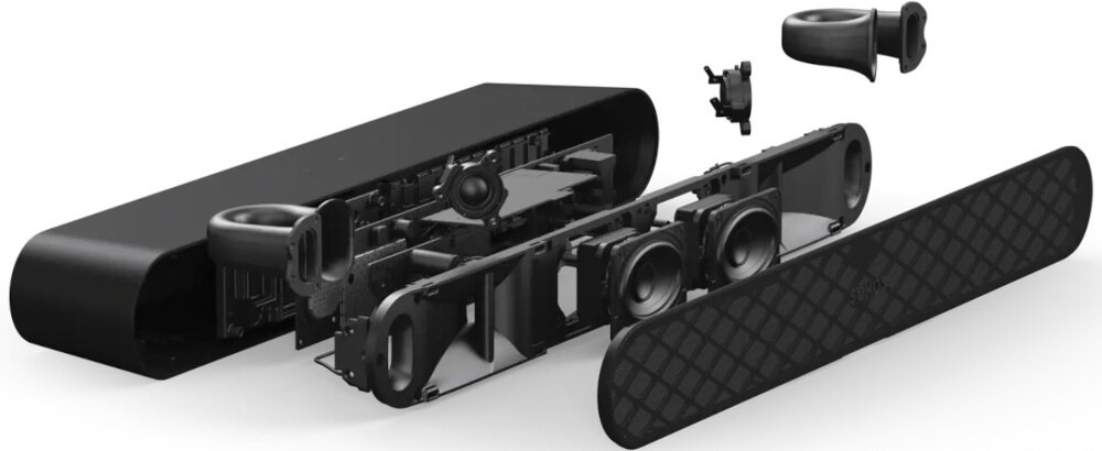 Obraz przedstawia rozłożony na części soundbar w kolorze czarnym, ukazujący wewnętrzne komponenty takie jak głośniki i obudowa. Widoczne są różne elementy konstrukcyjne, w tym kratka ochronna i obudowa zewnętrzna.