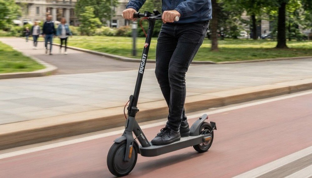 Osoba jedzie na czarno-szarej hulajnodze elektrycznej z widocznym logo \'DUCATI\' na kierownicy, na ścieżce rowerowej w parku.