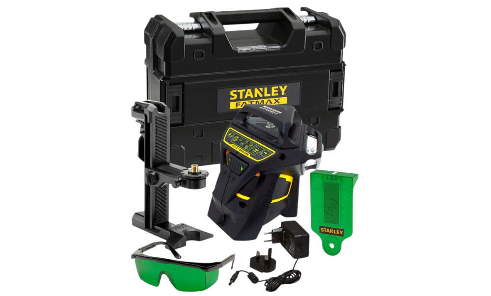 Laser krzyżowy STANLEY FatMax Multi-Line Laser 360, skosy, kąty, schody, funkcja, laser stoi na statywie w remontowanym pokoju