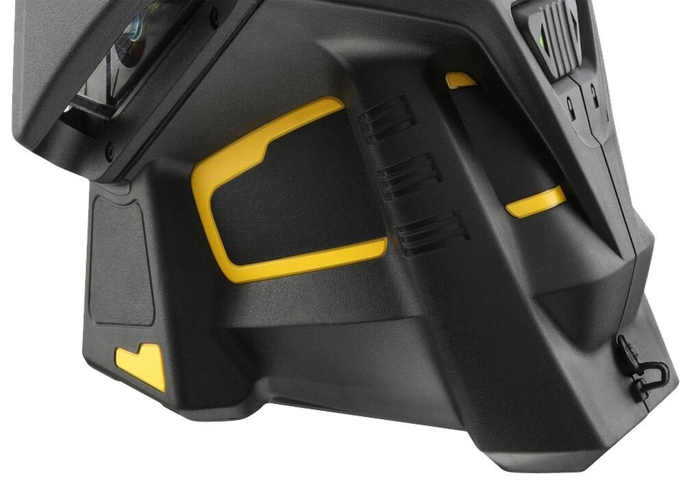 Laser krzyżowy STANLEY FatMax Multi-Line Laser 360, statyw, gwint, magnes, uchwyt, na białym tle zbliżenie na podstawę lasera