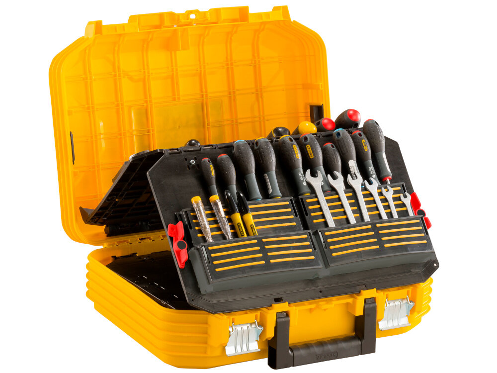 Walizka narzędziowa STANLEY FMST1-71943 Fatmax otwarta walizka na białym tle wnętrze wypełnione narzędziami budowa akordeonowa pełna widoczność całej zawartości walizki szybkie odnalezienie odpowiedniego narzędzia