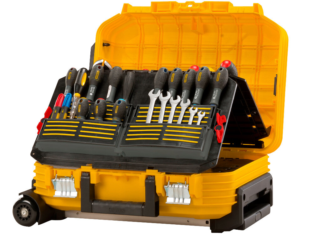 Walizka narzędziowa STANLEY FMST1-72383 Fatmax otwarta walizka na białym tle wnętrze wypełnione narzędziami budowa akordeonowa pełna widoczność całej zawartości walizki szybkie odnalezienie odpowiedniego narzędzia