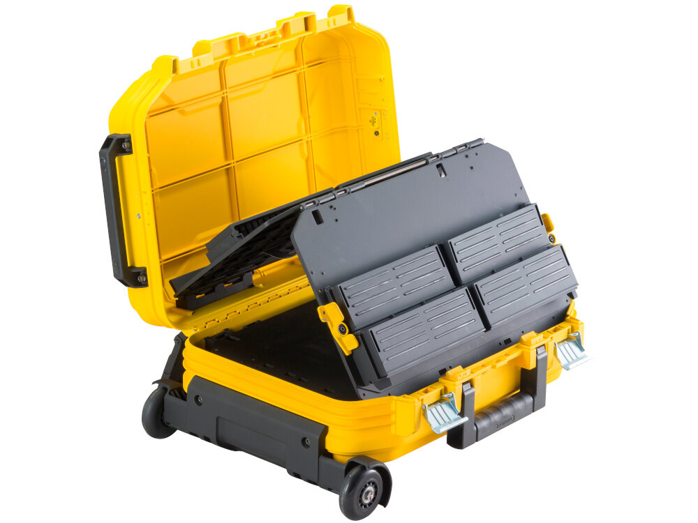 Walizka narzędziowa STANLEY FMST1-72383 Fatmax otwarta walizka na białym tle z wysokiej jakości tworzywa sztucznego wzmocniona włóknem szklanym wytrzymałość na intensywne użytkowanie metalowe zatrzaski solidne zaczepy udźwig do 30 kg