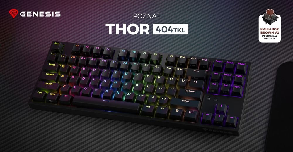 Na obrazie widoczna jest klawiatura z podświetleniem RGB, z napisem \'POZNAJ THOR 404 TKL\'. W lewym górnym rogu znajduje się logo \'GENESIS\', a w prawym górnym rogu widnieje napis \'KAILH BOX BROWN V2 MECHANICAL SWITCHES\'.