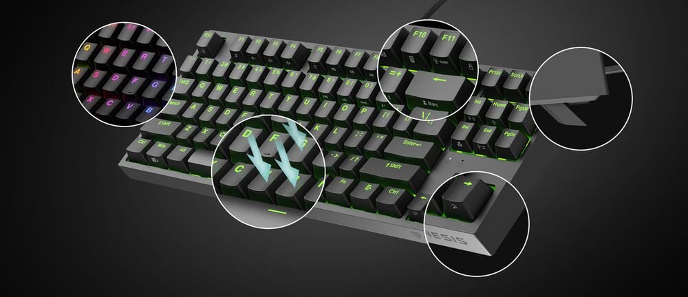 Klawiatura mechaniczna z podświetleniem RGB, widoczne klawisze z oznaczeniami liter i funkcji. Logo \'Genesis\' znajduje się na obudowie klawiatury.