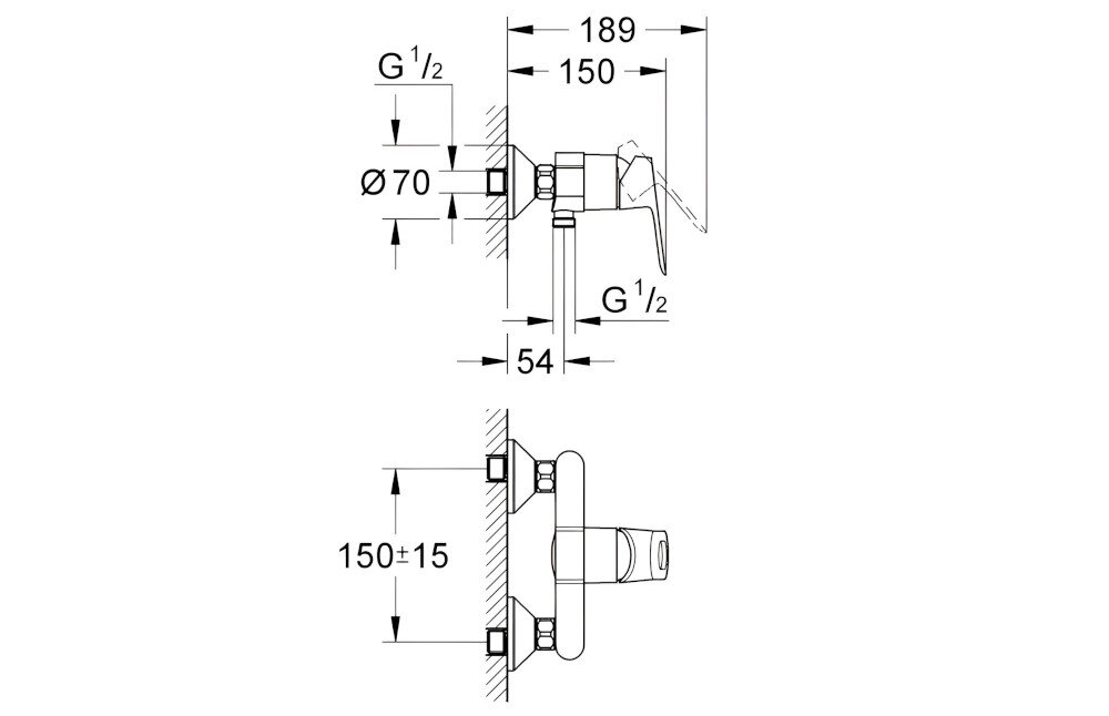 Schemat techniczny baterii prysznicowej z wymiarami: 189 mm, 150 mm, 54 mm, średnica 70 mm, oraz oznaczeniami G 1/2. Widoczne są linie i strzałki wskazujące wymiary oraz kształt baterii.