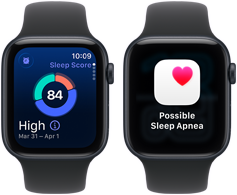 Dwa smartwatche z wyświetlonymi ekranami. Na jednym ekranie widoczny jest napis \'Sleep Score 84 High Mar 31 - Apr 1\', a na drugim \'Possible Sleep Apnea\'.