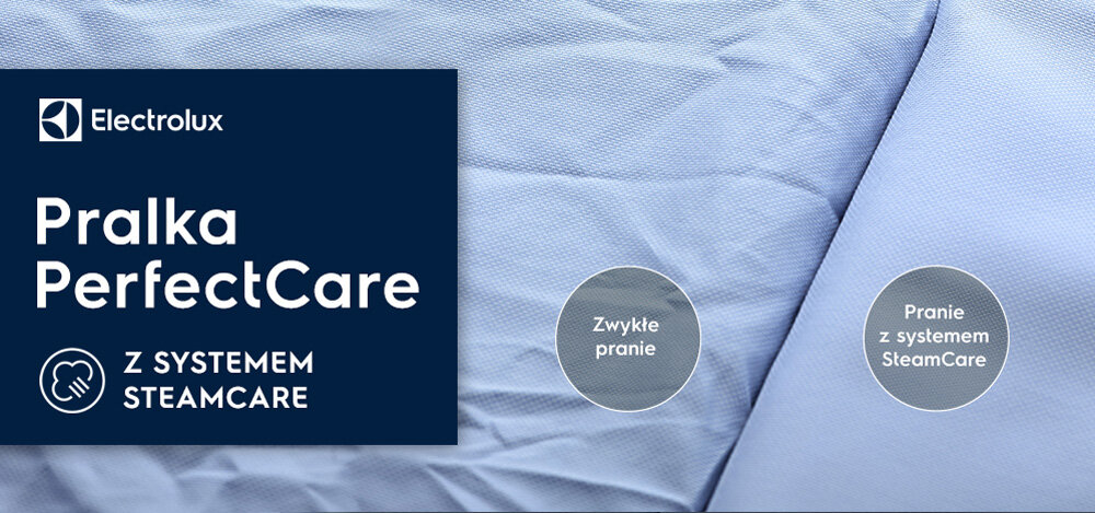 Obraz przedstawia logo Electrolux oraz napis \'Pralka PerfectCare z systemem SteamCare\' na tle materiału. Obok znajdują się dwa okrągłe symbole z napisami \'Zwykłe pranie\' i \'Pranie z systemem SteamCare\'.