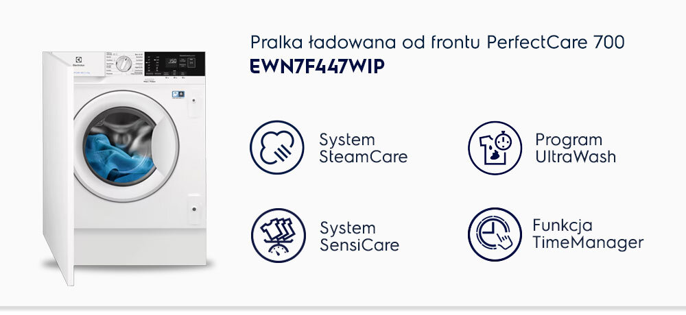 Obraz przedstawia pralkę ładowaną od frontu z widocznym bębnem, w którym znajduje się niebieska tkanina. Obok pralki znajdują się ikony z napisami: \'System SteamCare\', \'System SensiCare\', \'Program UltraWash\', \'Funkcja TimeManager\'.