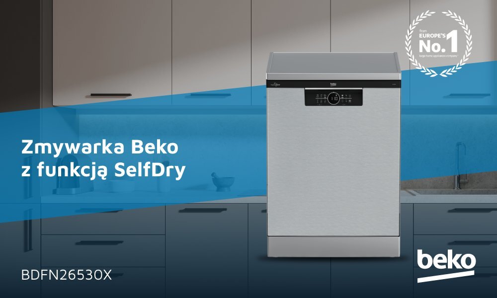 Zmywarka Beko z funkcją SelfDry, model BDFN26530X, jest przedstawiona na tle kuchni. Widoczne jest logo Beko oraz napis \'Europe\'s No. 1\'.