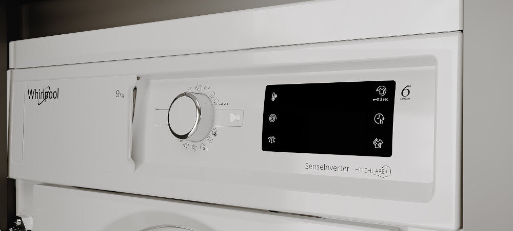 Panel sterowania pralki z pokrętłem i wyświetlaczem. Widoczne są napisy: \'Whirlpool\', \'9 kg\', \'SenseInverter\', \'FreshCare+\'.