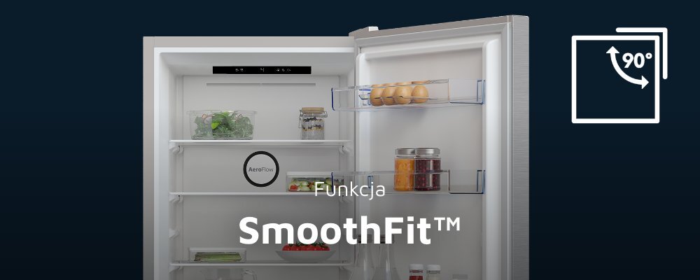 Otwarta lodówka z widocznymi półkami, na których znajdują się różne produkty spożywcze. Na obrazie widoczny jest napis: \'Funkcja SmoothFit™\' oraz symbol otwierania drzwi pod kątem 90°.
