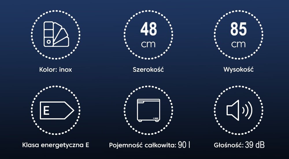 Grafika przedstawia sześć ikon z informacjami o lodówce: kolor inox, szerokość 48 cm, wysokość 85 cm, klasa energetyczna E, pojemność całkowita 90 l, głośność 39 dB.