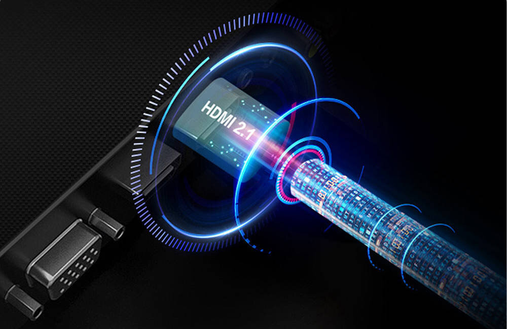 Obraz przedstawia kabel HDMI 2.1 podłączony do portu, z efektami świetlnymi wokół złącza. Widoczny jest napis \'HDMI 2.1\' na wtyczce.
