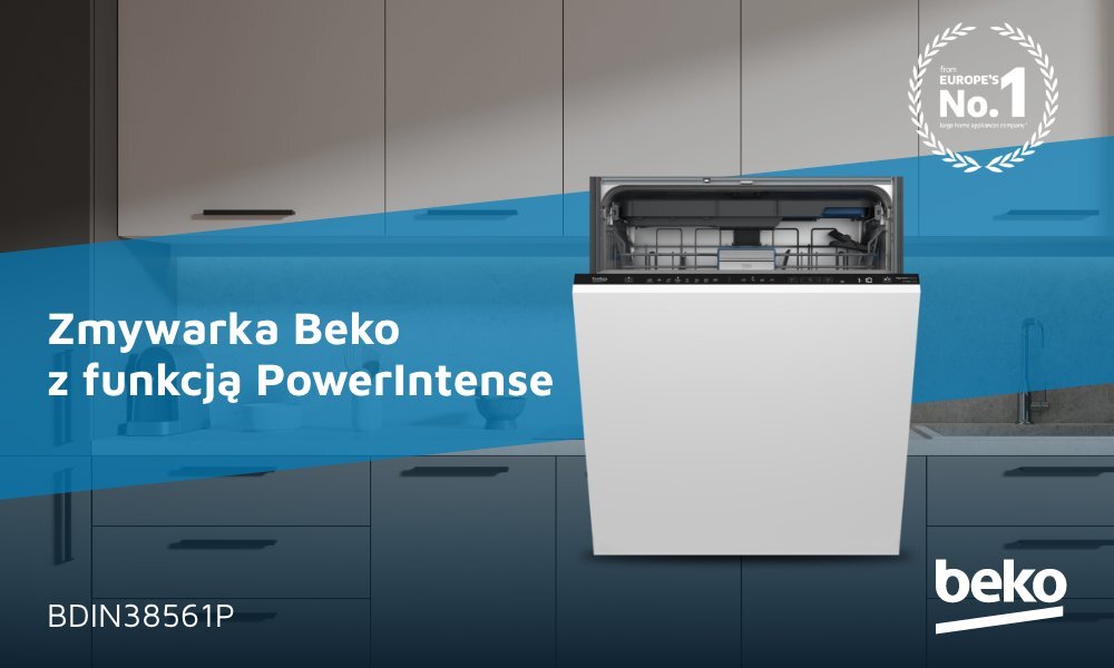 Obraz przedstawia zmywarkę Beko z otwartymi drzwiami, umieszczoną w nowoczesnej kuchni. Na niebieskim tle widnieje napis: \'Zmywarka Beko z funkcją PowerIntense\', a w prawym dolnym rogu znajduje się logo Beko.