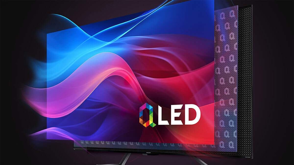 Obraz przedstawia ekran telewizora z kolorowymi falami i napisem \'OLED\'.