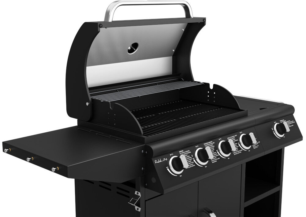 Czarny grill ogrodowy gazowy z otwartą pokrywą, posiada pięć pokręteł do regulacji temperatury. Na panelu widoczny jest napis \'Relish v3\'.