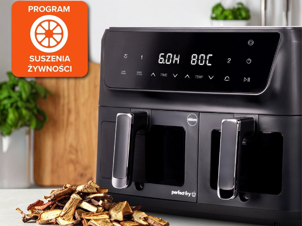 Na obrazie widoczna jest frytkownica beztłuszczowa z dwoma koszami i wyświetlaczem pokazującym \'6.0H 80C\'. Obok znajduje się pomarańczowa ikona z napisem \'PROGRAM SUSZENIA ŻYWNOŚCI\'.