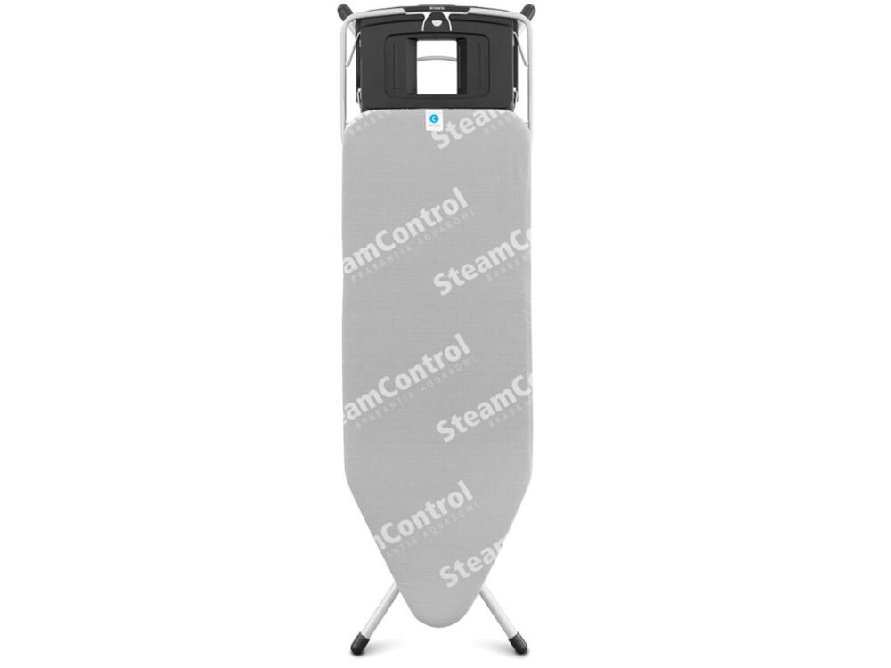 Deska do prasowania BRABANTIA 220944 Steam Control 124 x 45 cm deska szary pokrowiec czarne nóżki czarna podstawa białe tło certyfikat Cradle-to-Cradle® w poziomie brązowym minimalizowany wpływ na środowisko z materiałów nadających się do recyklingu trwałość łatwość w użytkowaniu ekologiczne rozwiązanie