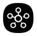 Czarny symbol z białymi okręgami połączonymi liniami, przypominający sieć lub diagram. Tło jest jednolite i ciemne.