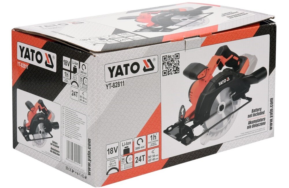 Opakowanie pilarki tarczowej z widocznym logo YATO i modelem YT-82811. Na opakowaniu znajdują się informacje techniczne, takie jak 18V, Li-Ion, 24T oraz napis \'Battery not included Akumulator nie dołączono\'.