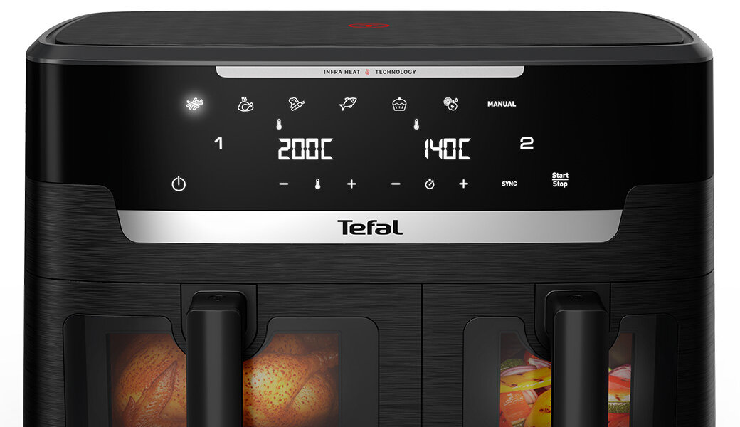 Na obrazie widoczna jest frytkownica beztłuszczowa z panelem sterowania, na którym wyświetlane są ikony programów, temperatury 200°C i 140°C oraz logo Tefal. Poniżej znajdują się dwa okienka z widocznymi potrawami w środku.