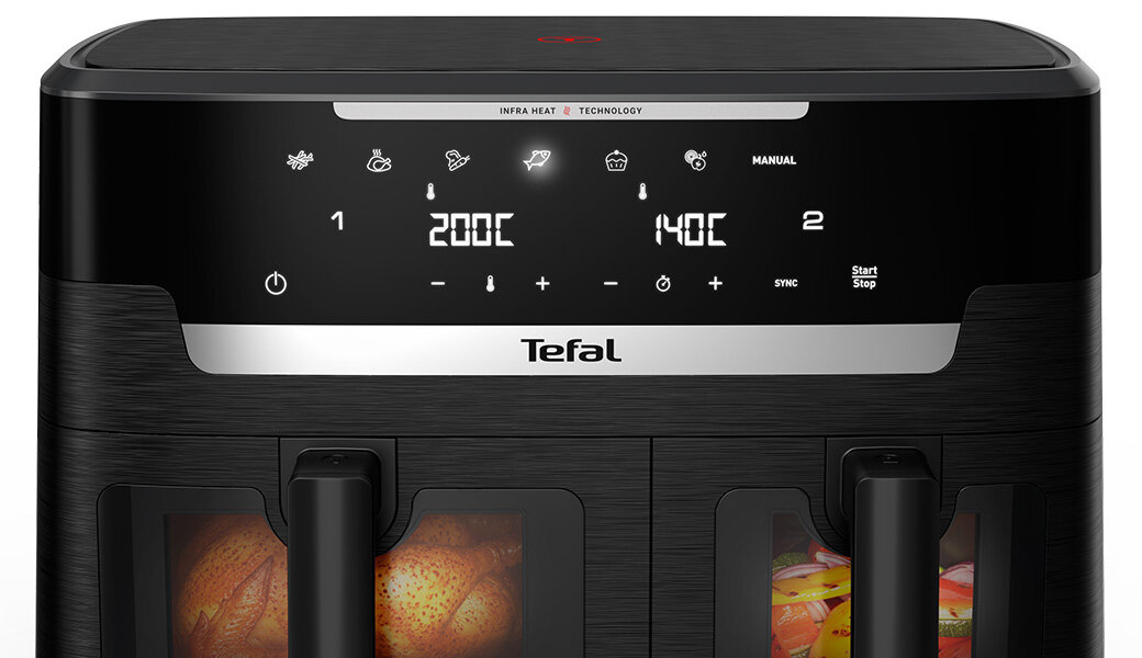 Na obrazie widoczna jest frytkownica beztłuszczowa z panelem sterowania, na którym wyświetlane są ikony programów, temperatury 200°C i 140°C oraz logo Tefal. Poniżej znajdują się dwa okienka z widocznymi potrawami w środku.
