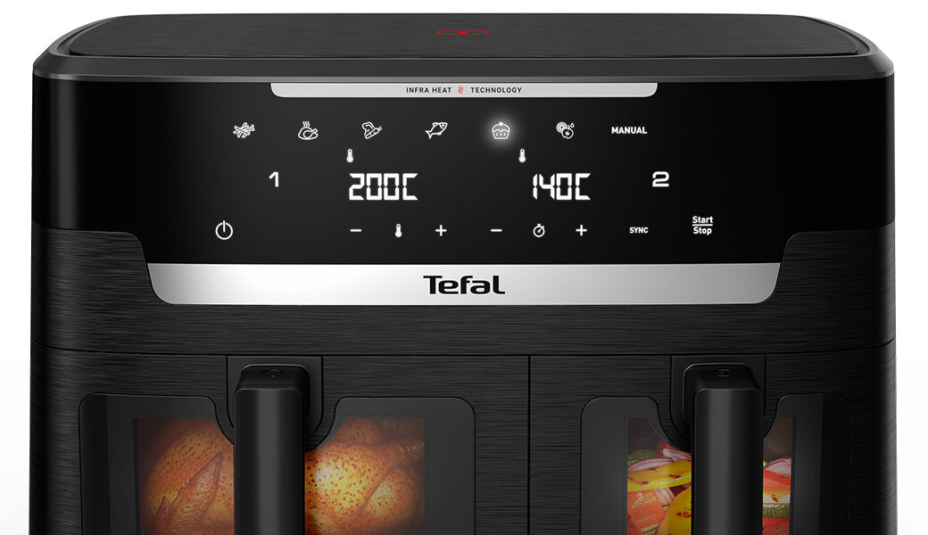 Na obrazie widoczna jest frytkownica beztłuszczowa z panelem sterowania, na którym wyświetlane są ikony programów, temperatury 200°C i 140°C oraz logo Tefal. Poniżej znajdują się dwa okienka z widocznymi potrawami w środku.