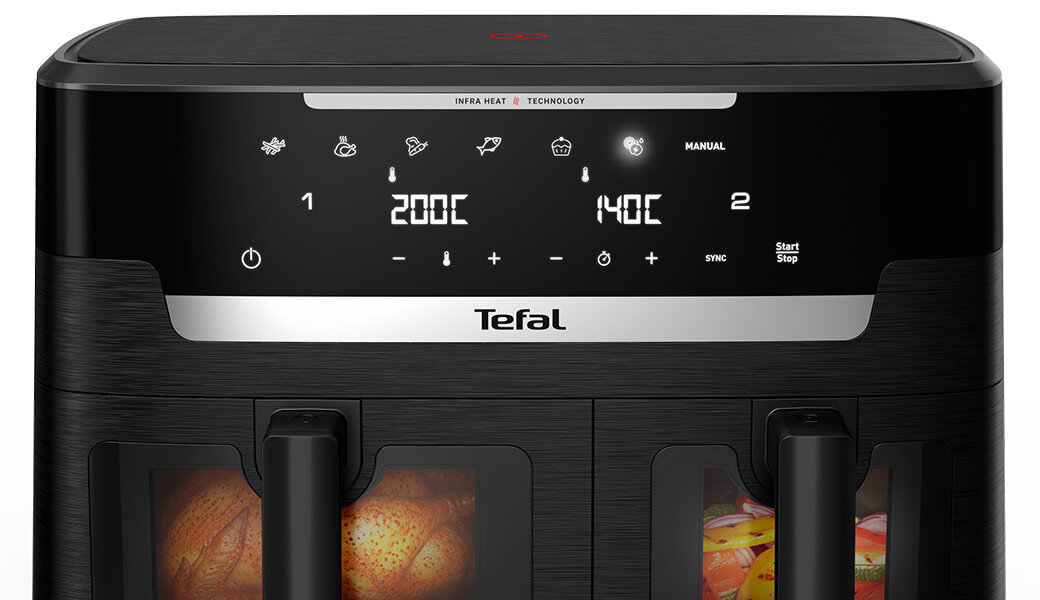 Na obrazie widoczna jest frytkownica beztłuszczowa z panelem sterowania, na którym wyświetlane są ikony programów, temperatury 200°C i 140°C oraz logo Tefal. Poniżej znajdują się dwa okienka z widocznymi potrawami w środku.