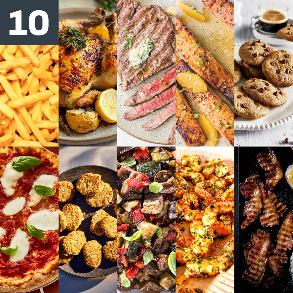 Obraz przedstawia dziesięć różnych potraw, w tym frytki, pieczonego kurczaka, stek, łososia, ciasteczka, pizzę, nuggetsy, pieczone warzywa, krewetki i grillowany boczek. W lewym górnym rogu widoczna jest liczba \'10\'.