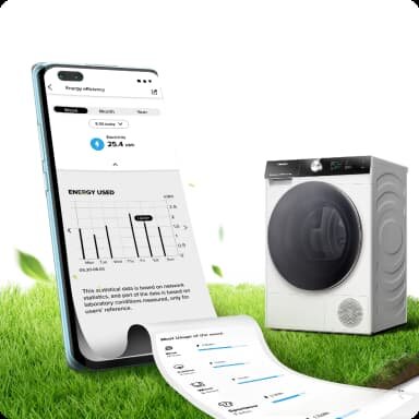 Na obrazie widoczny jest smartfon z aplikacją pokazującą zużycie energii oraz suszarka z dużym okrągłym bębnem. Tło stanowi zielona trawa, a na ekranie telefonu widoczny jest wykres z napisem \'ENERGY USED\'.
