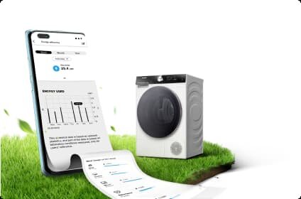 Obraz przedstawia suszarkę z dużym, ciemnym bębnem oraz smartfon z wyświetlonym wykresem zużycia energii i tekstem \'ENERGY USAGE\'. Urządzenia znajdują się na zielonej trawie, a w tle widoczna jest biała przestrzeń.