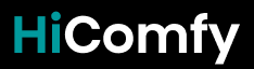 Logo z napisem \'HiComfy\' na czarnym tle, gdzie \'Hi\' jest w kolorze turkusowym, a \'Comfy\' w kolorze białym.