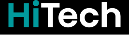 Logo z napisem \'HiTech\' w kolorach turkusowym i białym na czarnym tle.