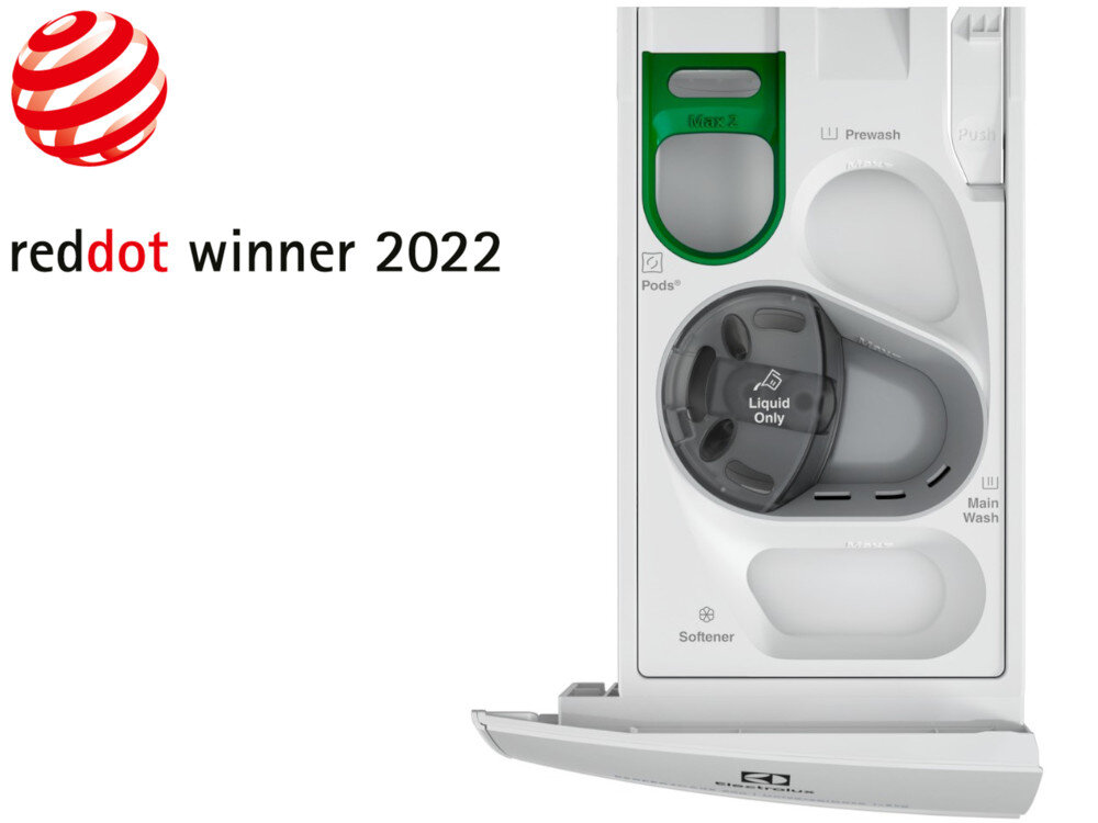 Obraz przedstawia szufladę na detergenty pralki z oznaczeniami \'Pods\', \'Liquid Only\', \'Prewash\', \'Main Wash\', \'Softener\'. Po lewej stronie widnieje logo \'reddot winner 2022\'.