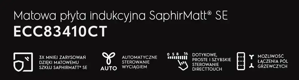 Grafika przedstawia informacje o matowej płycie indukcyjnej SaphirMatt SE model ECC83410CT. Widoczne są ikony i teksty opisujące cechy produktu, takie jak automatyczne sterowanie wyciągiem i możliwość łączenia pól grzewczych.