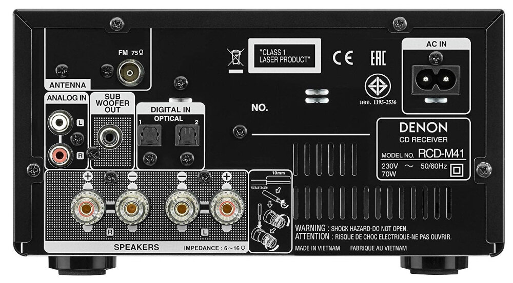 Tył amplitunera stereo z różnymi złączami, w tym antenowym, subwooferowym, cyfrowym i głośnikowym. Widoczny jest napis \'DENON CD RECEIVER MODEL NO. RCD-M41\'.