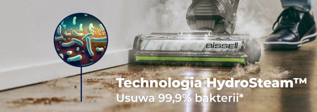 Odkurzacz mopujący z widocznym logo Bissell na podłodze. Tekst na zdjęciu: Technologia HydroSteam™ Usuwa 99,9% bakterii*.