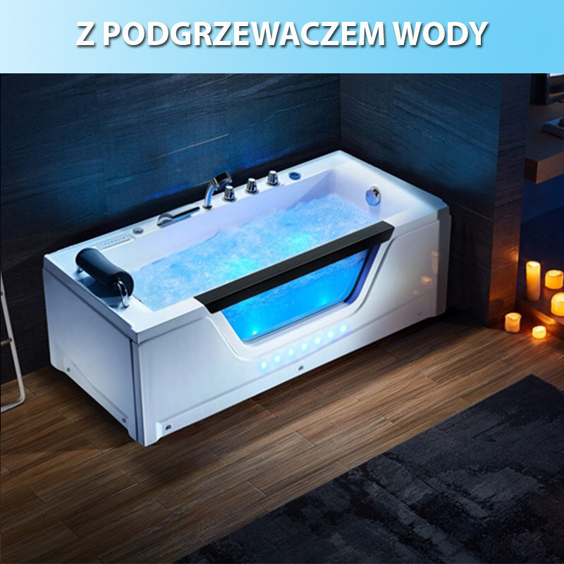 Biała wanna z hydromasażem wypełniona wodą, z podświetleniem LED i czarnym uchwytem. Na górze obrazu widoczny jest napis \'Z PODGRZEWACZEM WODY\'.