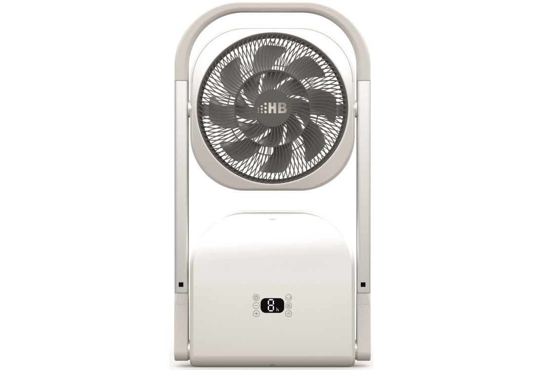 Wentylator w kolorze biało-czarnym z widocznym logo \'HB\' na środku. Na dolnej części znajduje się panel sterowania z wyświetlaczem pokazującym cyfrę \'8\'.