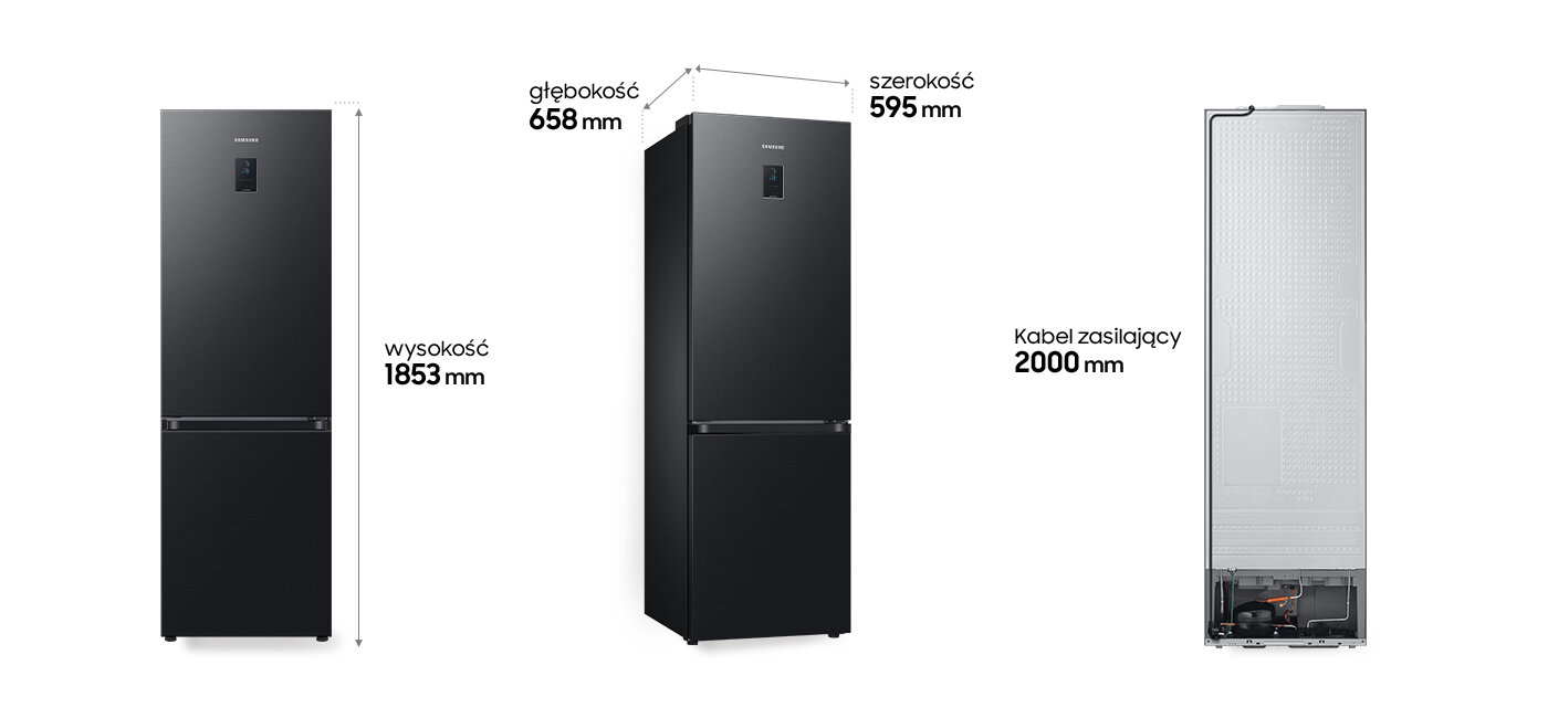 Wymiary lodówki Samsung Grand+ RB34C675EBN w kolorze czarny malowany Obraz przedstawia czarną lodówkę z połyskiem marki Samsung z oznaczeniami wymiarów: wysokość 1853 mm, głębokość 658 mm, szerokość 595 mm oraz długość kabla zasilającego 2000 mm.