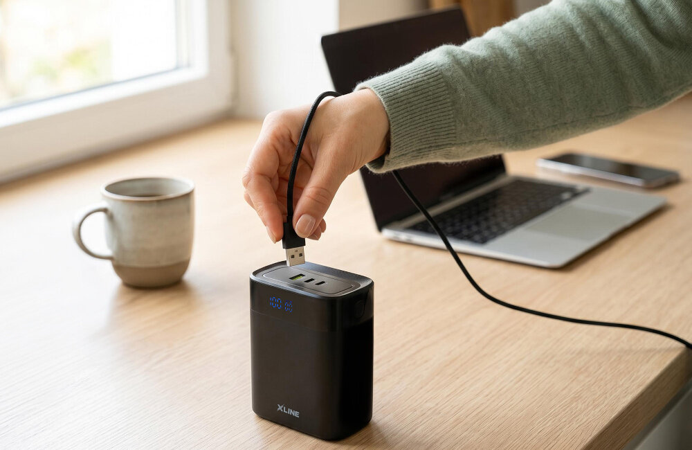 Osoba podłącza kabel USB do czarnego powerbanku XLINE, który stoi na drewnianym biurku obok filiżanki i otwartego laptopa.
