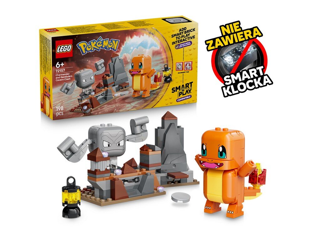 Zestaw LEGO przedstawia figurki Charmandera i Geodude\'a oraz elementy jaskini. Na opakowaniu widnieje napis \'LEGO Pokémon 72157 Charmander Geodude Cavern Clash\' oraz informacja \'NIE ZAWIERA SMART KLOCKA\'.