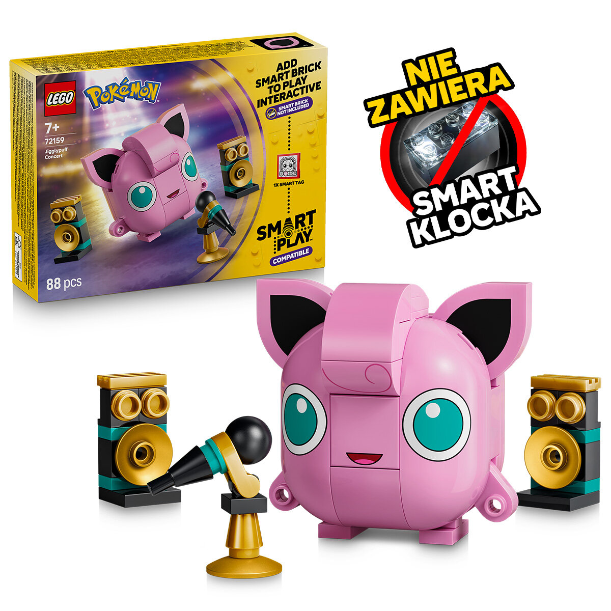Na obrazie znajduje się zestaw LEGO z postacią Jigglypuff oraz akcesoriami koncertowymi, takimi jak mikrofon i głośniki. Widoczny jest napis \'NIE ZAWIERA SMART KLOCKA\'.