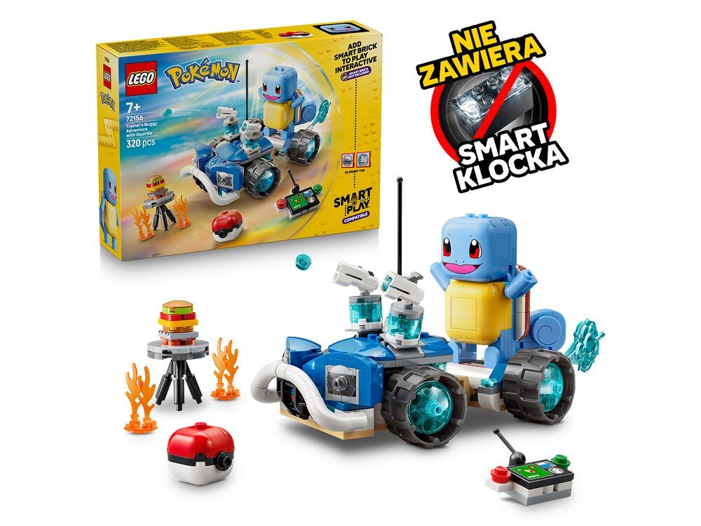 Zestaw LEGO przedstawia niebieskiego Pokémona Squirtle na pojazdzie terenowym z dużymi kołami. Obok znajduje się pudełko z napisem \'LEGO Pokémon 72156\' oraz informacja \'Nie zawiera smart klocka\'.