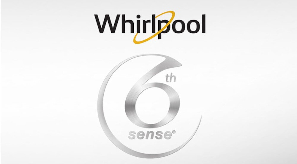 Logo Whirlpool z napisem \'6th sense\' na białym tle.